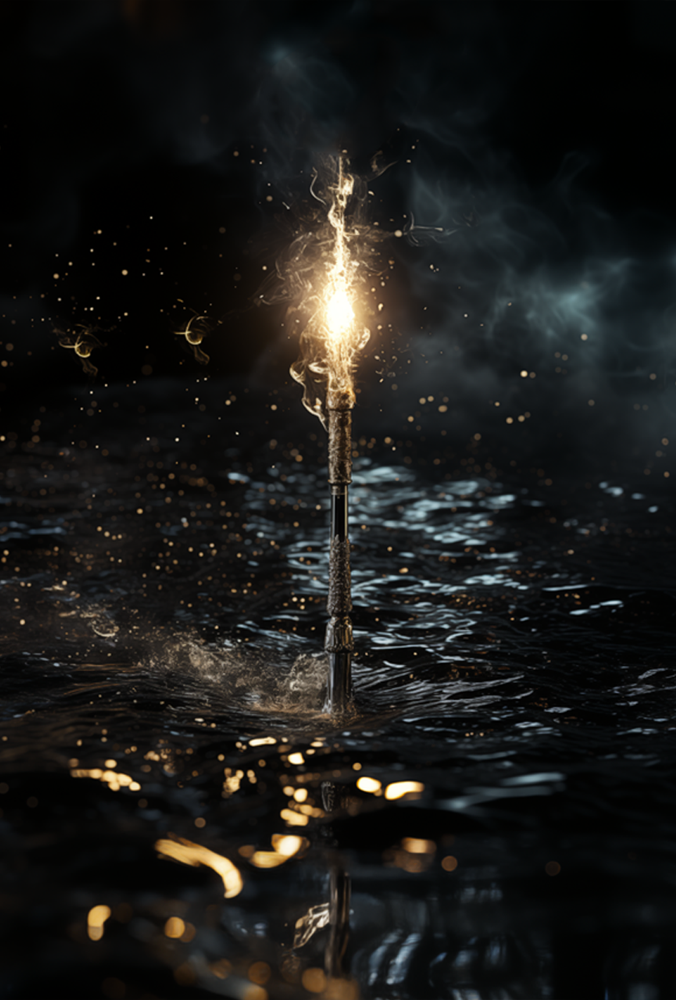 A mystical wand emanating sparks and light over dark water.